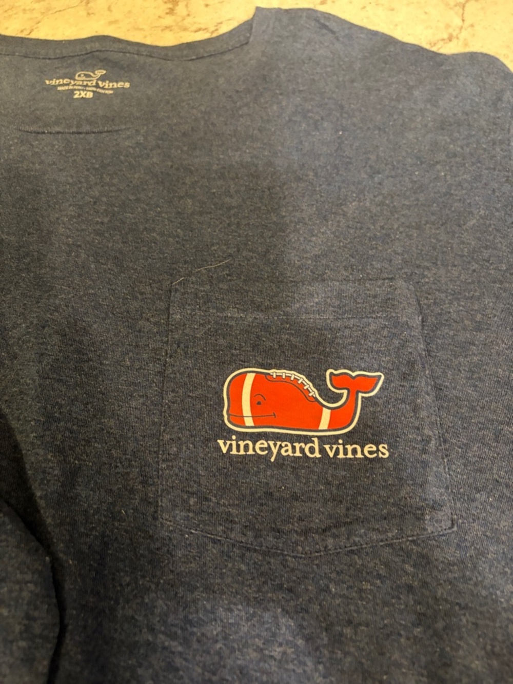 Vineyard Vines Navy Pocket Tee with Orange Whale Logo